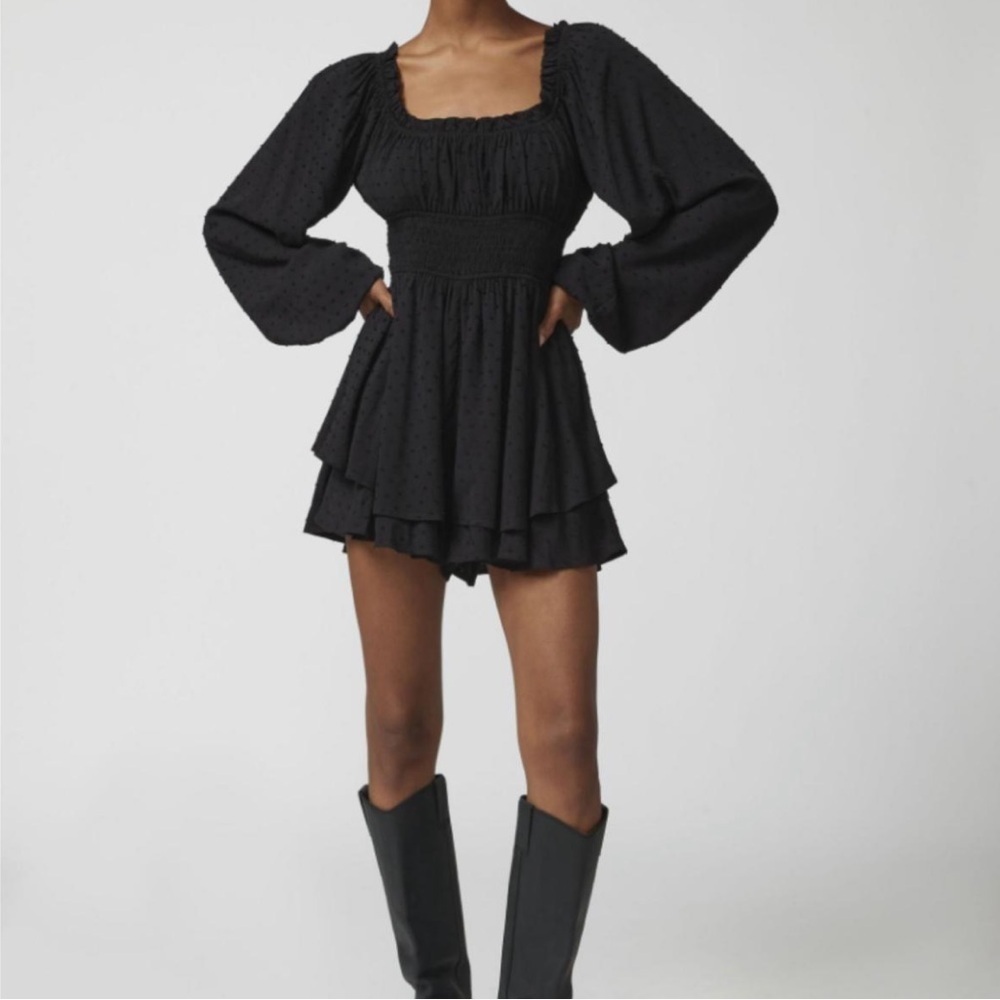 Urban Outfitters Rosie Clip Dot Smocked Long Sleeve Romper SM Black Fairygoth - Picture 3 of 16